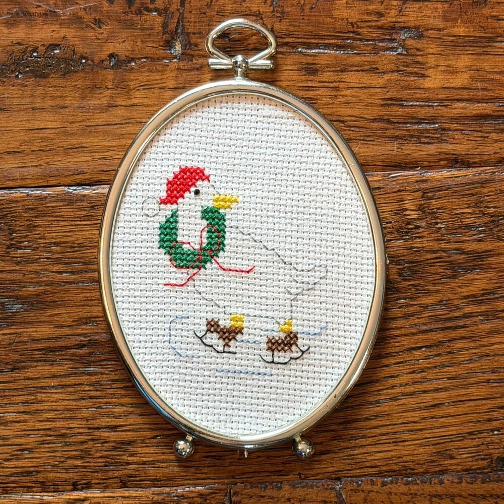 Vintage Framed Cross stitch Holiday Goose Ice Skating | Christmas Wall Decor